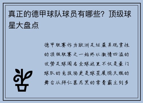 真正的德甲球队球员有哪些？顶级球星大盘点